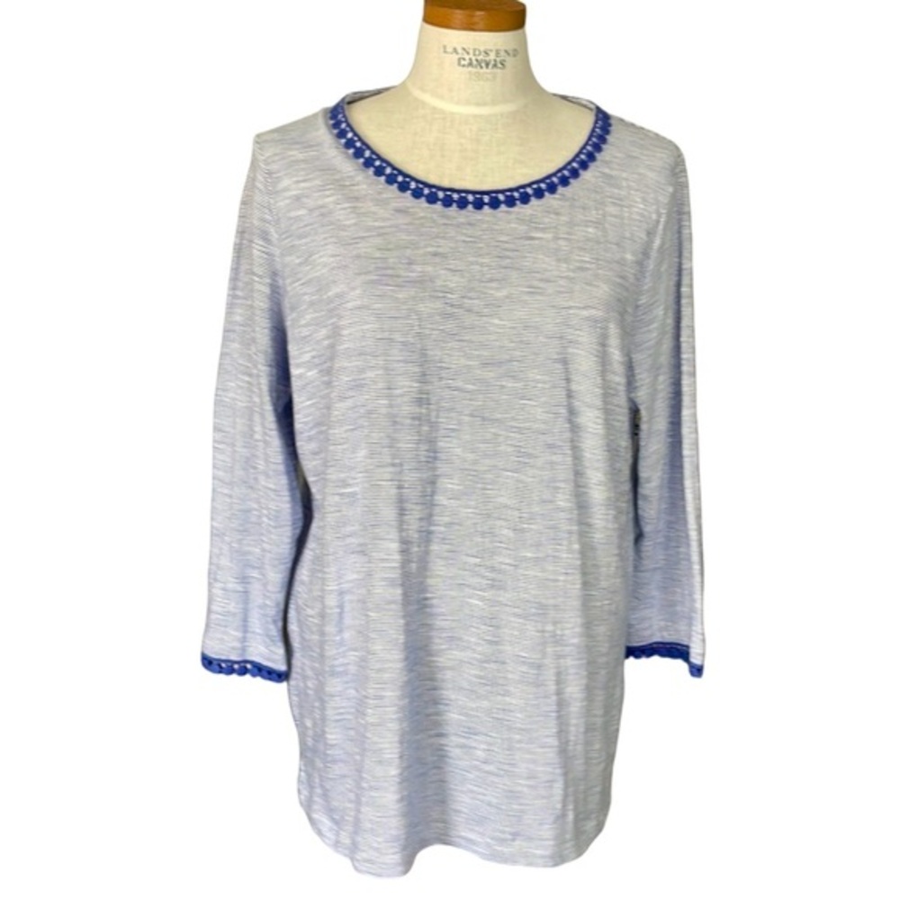 Talbot’s Sz1X Blue White 100% Cotton 3/4 Sleeve Round Neck T Shirt Crochet trim